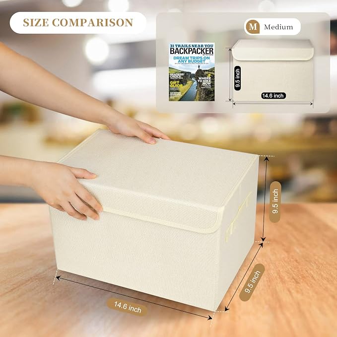 Bagnizer Large 22 Quart [4-Pack] Linen Fabric Foldable Storage Bin Cube Organizer Basket with Flip-Top Lid & Handles, Clothes Blanket Box for Home, Office, Closet (14.6 x 9.5 x 9.5, Beige) - Image 4