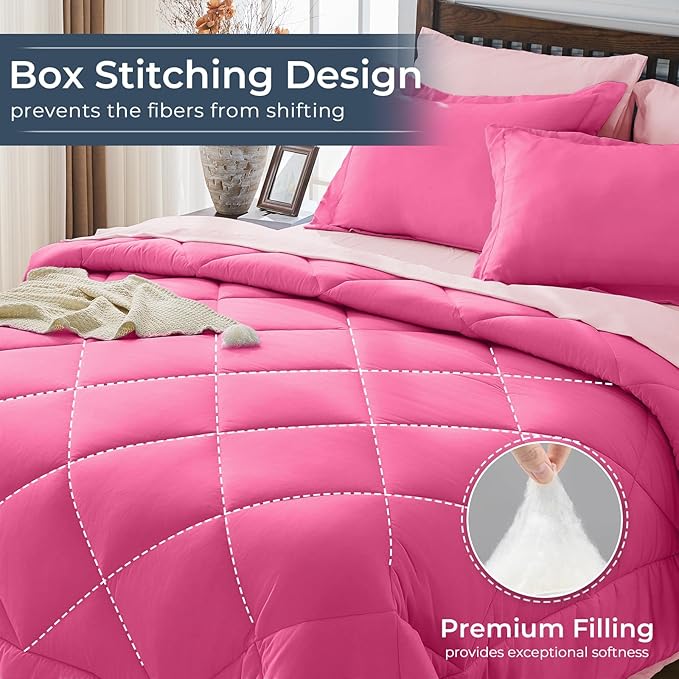 HEVUMYI Hot Pink & Baby Pink Full Comforter Set - 7-Piece All Season Bed in a Bag Full, Ultra Soft Bedding Set with Comforter, Flat Sheet, Fitted Sheet, Pillowcases, Pillow Shams