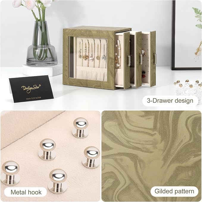 DesignSter Jewelry Box Organizer, Jewelry Box for Women, PU Jewelry Organizer Display Case with Side Drawers, Jewelry Storage for Earring Necklace Ring Bracelet Watch - Image 6