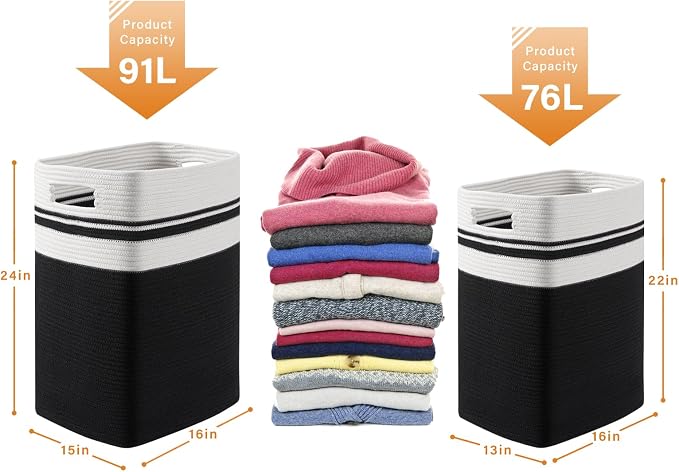 OIAHOMY 91L Laundry Hamper, XXXLarge Laundry Basket, Collapsible Cotton Rope Basket,Woven Storage Basket for Blankets,Clothes,Pillows-16x15x24-Black&white - Image 3
