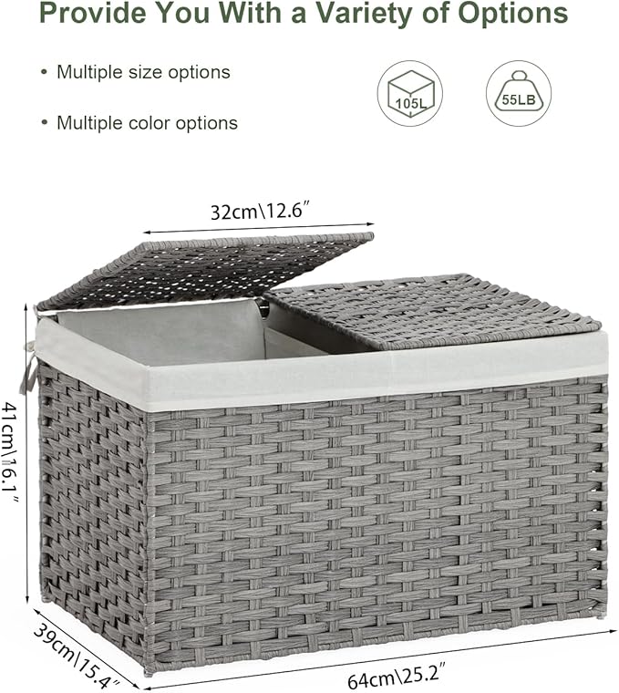 SETVSON Storage Basket with Lid Rattan Storage Basket with 2 Separate Lid, 27.8 Gallon (105 L) 25.2 * 15.4 * 16.1 Inches Woven Wicker Baskets with 2 Liners and Handles for Bedroom Laundry-Gray - Image 4