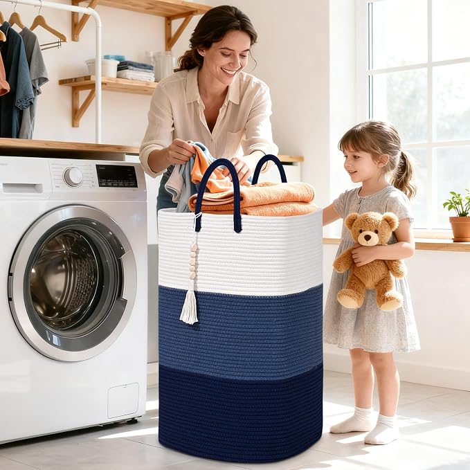 Woven Laundry Basket for Clothes,65 L Large Rectangle Laundry Hampers with Beads Tassel, Nursery Storage Basket for Toys, Tall Dirty Clothes Hamper for Bedroom Aesthetic, Laundry Room Organization - Image 2