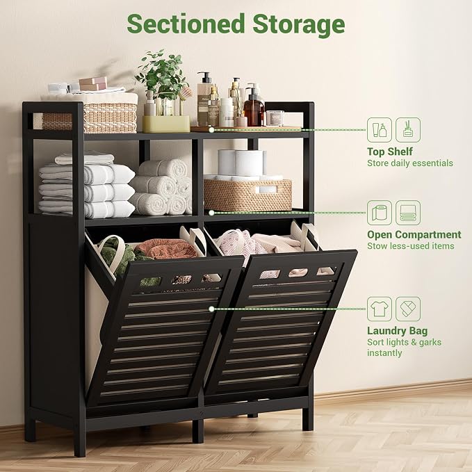 Homykic Tilt Out Laundry Hamper Cabinet, Bamboo Double Laundry Hamper with 2 Removable Laundry Baskets, 20 Gal Laundry Sorter Organizer with Shelf for Dirty Clothes, Bathroom, Laundry Room, Black - Image 6