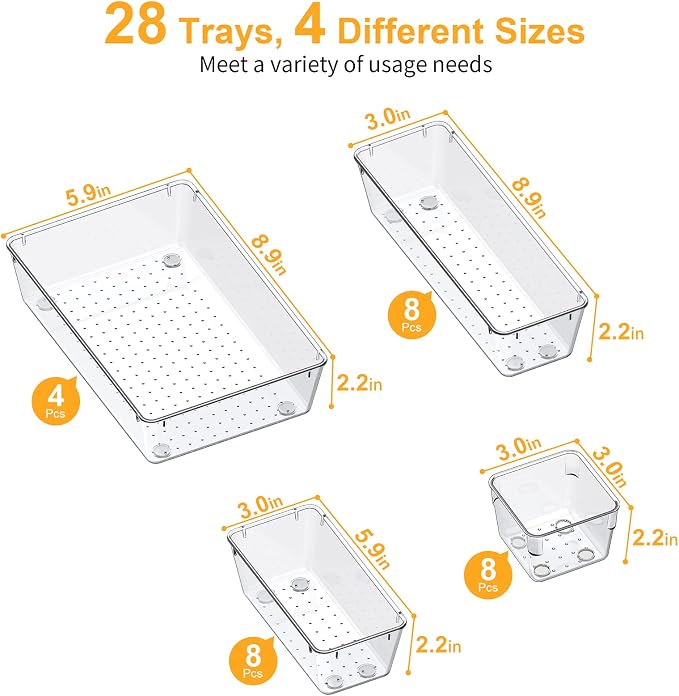 SMARTAKE 28 Piece Drawer Organizers with Non-Slip Silicone Pads, 4-Size Desk Drawer Organizer Trays Storage Tray for Makeup, Jewelries, Utensils in Bedroom Dresser, Office and Kitchen, Clear - Image 3