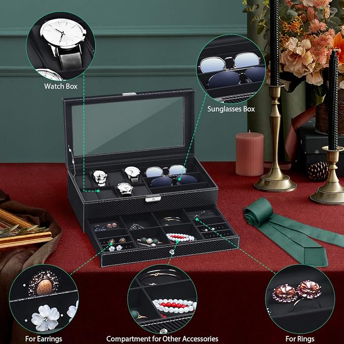 TomCare Watch Box Watch Case Watch Holder Organizer Jewelry Case Drawer Sunglasses Display Box Storage Earrings Storage Organizer Lockable with Glass Top and PU Leather for Men Women (All Black) - Image 4