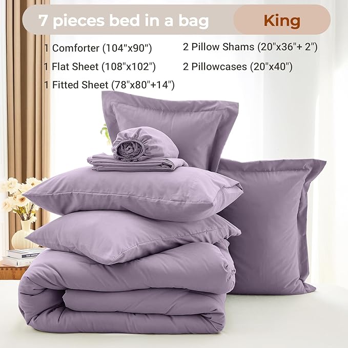 MUXHOMO 7 Pieces King Comforter Set, Soft Bed in a Bag King Size, All Season Bedding Set with Comforter, Flat Sheet, Fitted Sheet, Pillowcases & Shams, Greyish Purple