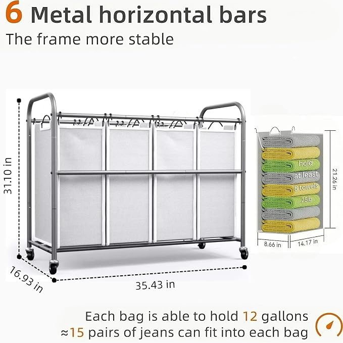 ROMOON Laundry Hamper Sorter Cart: 4-Section Organizer with Heavy-Duty Lockable Wheels and Removable Bags | 180L Rolling Laundry Basket for Dirty Clothes in Laundry Room or Small Spaces (Gray) - Image 5