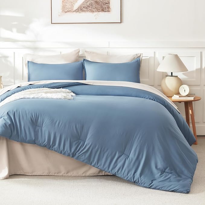 Litanika Oversized King Comforter Set Grayish Blue Super King Size, 3 Pieces Lightweight Solid Bedding Comforter Set, All Season Fluffy Bed Set (120x120In Comforter & 2 Pillowcases)