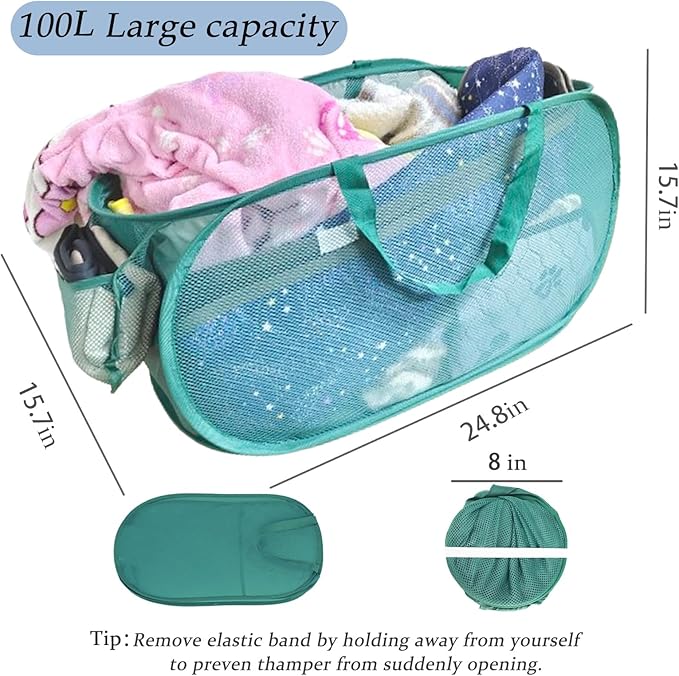 100L Foldable Laundry Baskets 2 Pack, Extra Large Mesh Pop Up Laundry Hamper, Dirty Clothes Hamper with Handles, Pop-up Hampers for Laundry Travel. Dorm or Home Portable Clothes Baskets.Green 2H - Image 2
