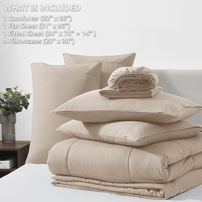 CozyLux Full Size Comforter Set Wheat, 7 Pieces Bed in a Bag, Wheat Comforter Full Size, All Season Bedding Sets with Stitch Quilted Comforter, Flat Sheet, Fitted Sheet, Pillowcases