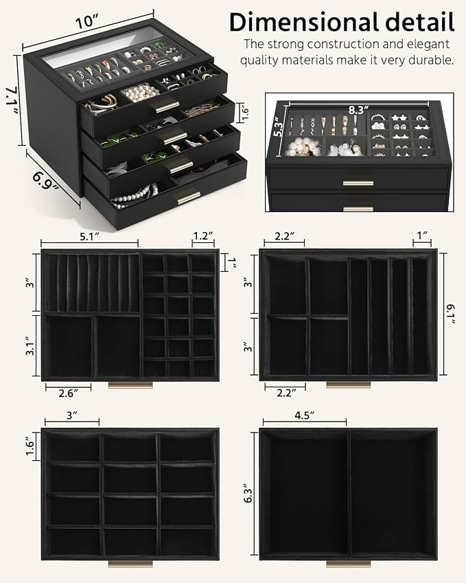 AKOZLIN Jewelry Box with Clear Lid Functional Leather Jewelry Storage Organizer Case 4 Drawers for Women Girls Necklace Ring Bracelet Earring - Image 4