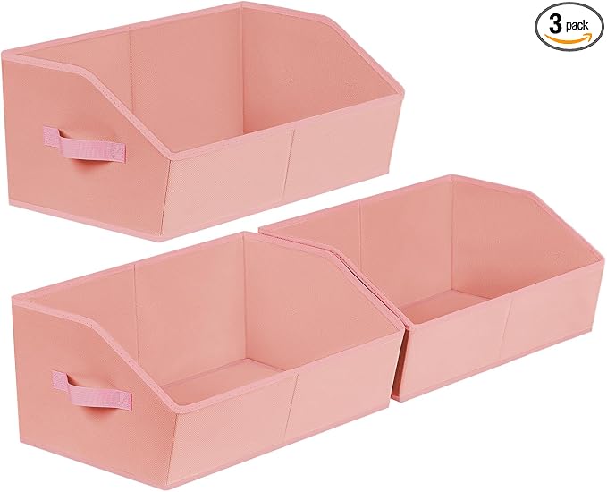Homsorout Closet Baskets for Shelves Trapezoid - Decorative Storage Baskets with Handle, Closet Bins for Organization, Shelf Storage Bins for Clothes, Books, Home, Office, 3 Pack, Pink by Homsorout