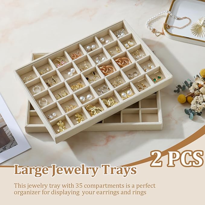 Large Velvet Jewelry Tray 2 Pack Stackable Jewelry Display Drawer Inserts Trays Organizer for Earring Bracelet Necklace Ring (Beige, 35 Grids) - Image 2