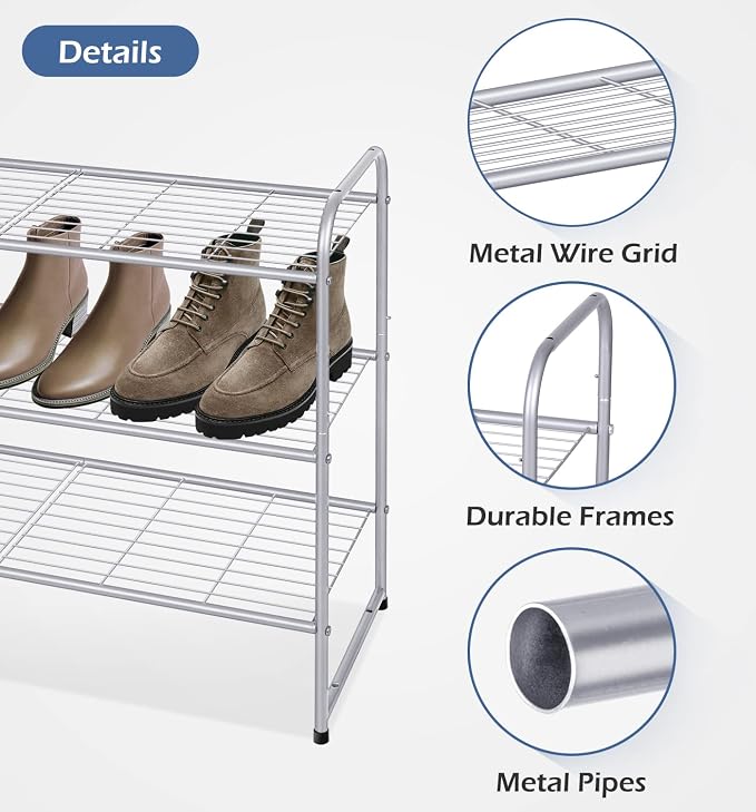KEETDY 3-Tier Long Shoe Rack for Closet Metal Shoe Organizer for Entryway, Wide Stackable Shoe Storage Shelf with Sturdy Wire Grid for Closet Floor, Bedroom, Grey - Image 7