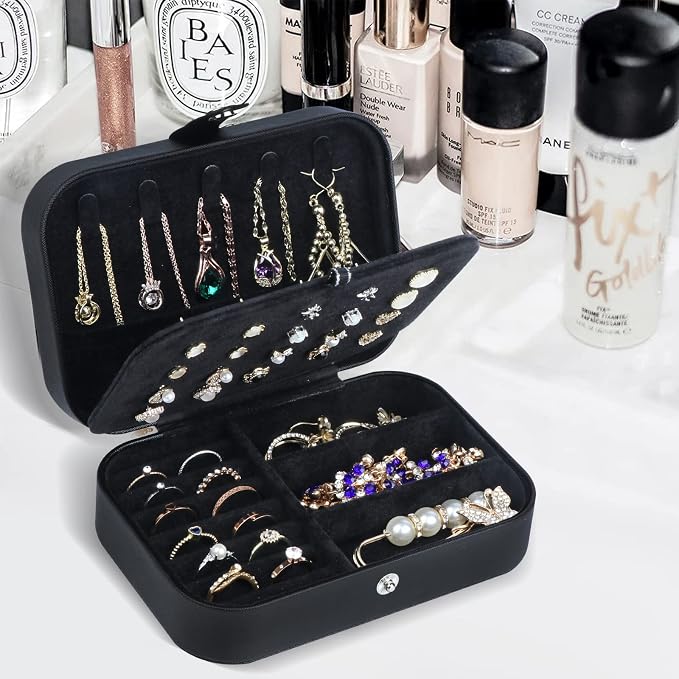 Hatori Travel Jewelry Box, PU Leather Small Jewelry Organizer for Women Girls, Portable Mini Travel Case Display Storage Holder Boxes for Stud Earrings, Rings, Necklaces, Bracelets (Black02) - Image 2