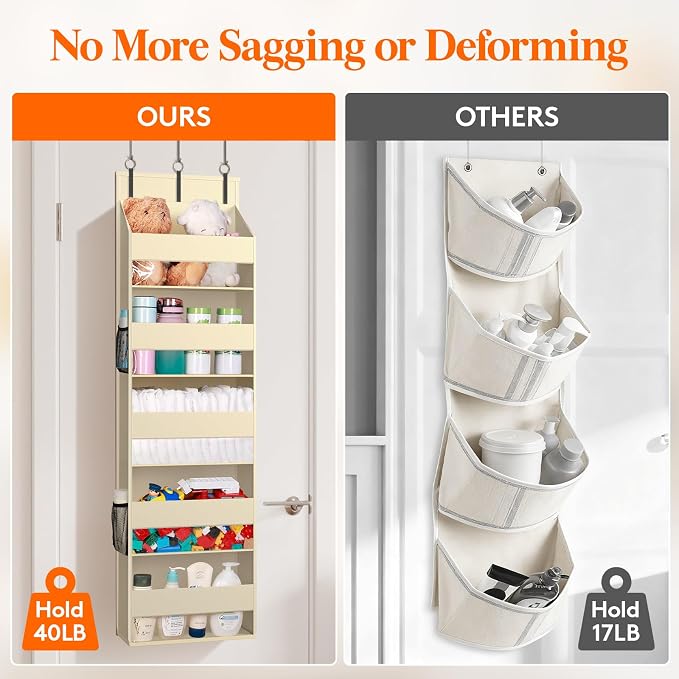 Lifewit 1 Pack Over the Door Organizer, Clear Window Hanging Storage with 4 Side Pockets, Anti Tilt 40 lbs Load Behind Door for Pantry, Nursery, Bathroom, Bedroom, Dorm, 5 Section, Beige - Image 7