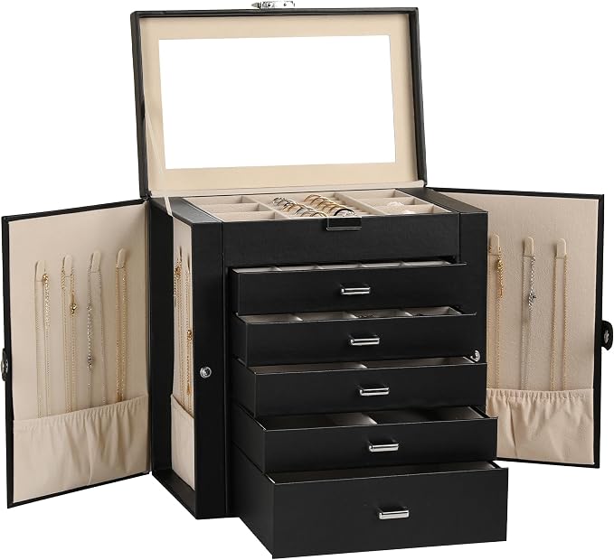 Frebeauty Large Jewelry Box,6-Tier PU Leather Jewelry Organizer,Multi-functional Storage Case with Mirror,Accessories Holder with 5 Drawers for Necklace Bracelets Watches(Black) by Frebeauty