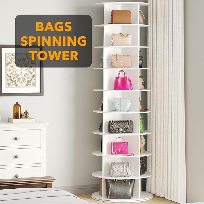 SpaceAid 9 Tier Rotating Shoe Rack Tower, Spinning Shoe Display Lazy Susan, Revolving 360 Shoe Rack Storage Round Carousel, Vertical Handbag Rotate Shoes Closet Organization (9-Tier White) - Image 5