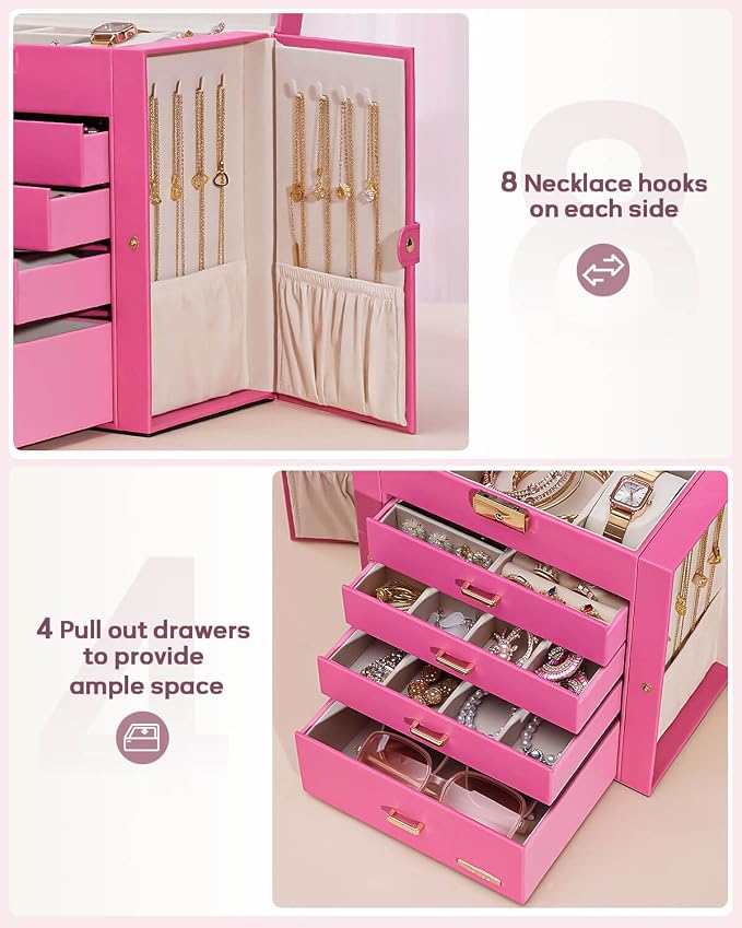 Homde Synthetic Leather Huge Jewelry Box Mirrored Watch Organizer Necklace Ring Earring Storage Lockable Gift Case (Pink + Gold) - Image 5