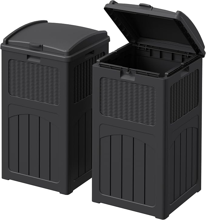 Devoko 33 Gallon Outdoor Trash Can with Dual Lid, Heavy Duty Waterproof Resin Garbage Bins Outside, Hideaway Waste Bins for Patio, Outside Pool, Backyard and Deck (2, Black) by DEVOKO