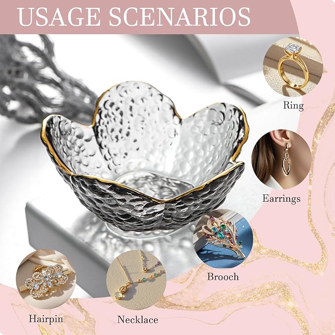 Grey Flower Jewelry Dish Glass Ring Dish Jewelry Tray Cute Vanity Organizer Room Decor Aesthetic Nightstand Bathroom Decor Trinket Dish Ring Holder Dish House Warming Gifts Stocking Stuffers for Women - Image 8