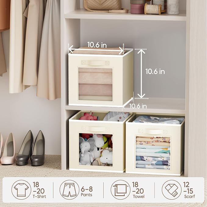 Homsorout Storage Cube 11 Inch - Cube Storage Bins with Window, Closet Storage Baskets with Handle, Fabric Bins for Closet, Shelves, Toys, Clothes, Set of 14, Beige - Image 4