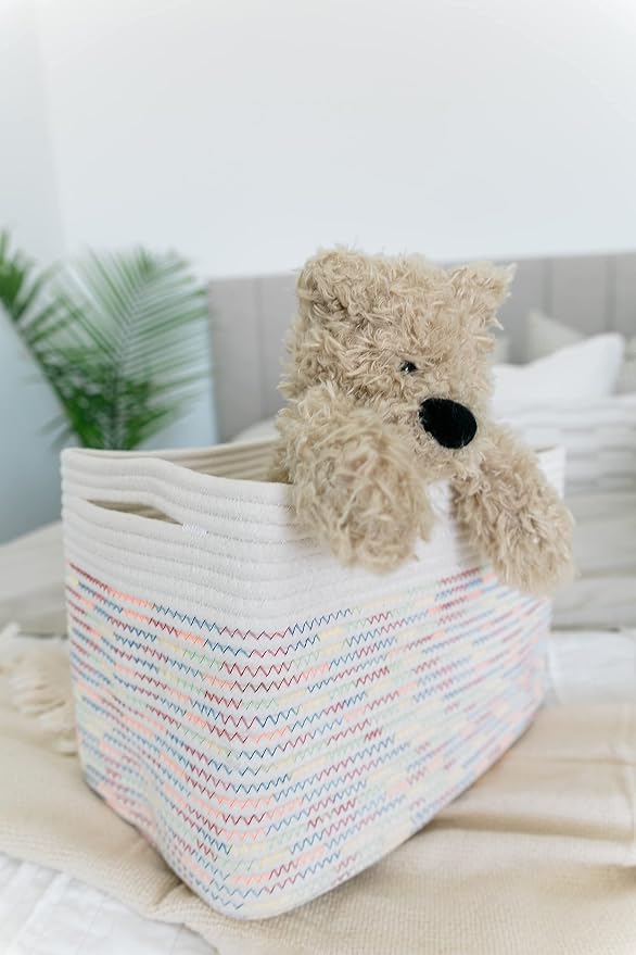 OrganiHaus Set of 3 Rainbow Baskets - Colorful Woven Storage Baskets for Playroom, Nursery & Classroom Decor, Toy Storage, Rainbow Stitches, 15x9x10 - Image 8