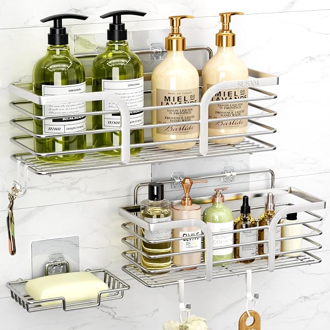 Yougai Shower Caddy, Shower Organizer with Soap Holder and Hooks, Rustproof Shower Shelves, No Drilling Bathroom Organizers and Storage, Wall-Mounted Kitchen & Home Decor (Silver) by Yougai