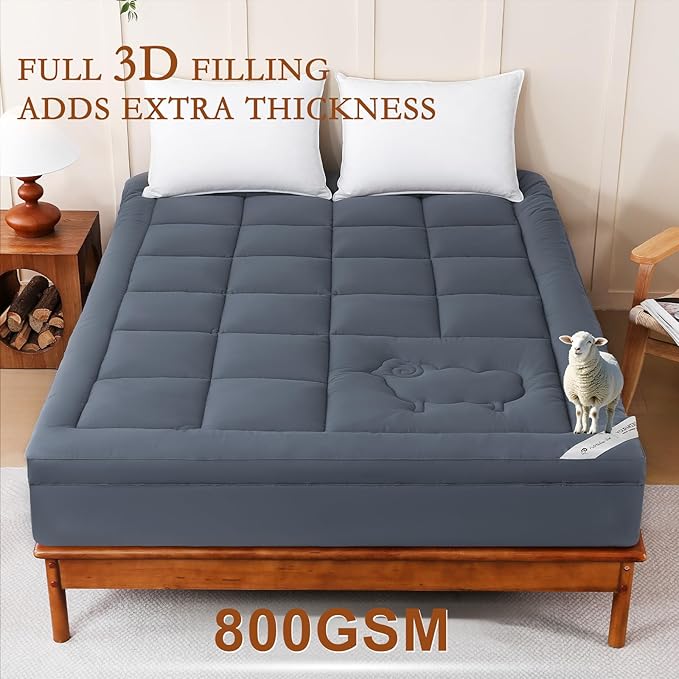 YOUR MOON 100% Organic Wool Mattress Topper Queen Size, 800GSM Natural Wool Filling, Thick Pillow Top Mattress Pad, Back Pain Relief Bed Topper with Cotton Cover, 16" Deep Pocket, 39"x80" (Gray)