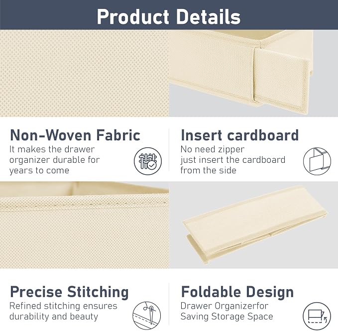 DIMJ Drawer Organizer Clothes - Underwear Organizer Small Sock Organizer Closet Organizers and Storage Box Dresser Drawer Dividers for Baby Clothes, Bra, Socks, Belt, Tie, Set of 9, Beige - Image 8