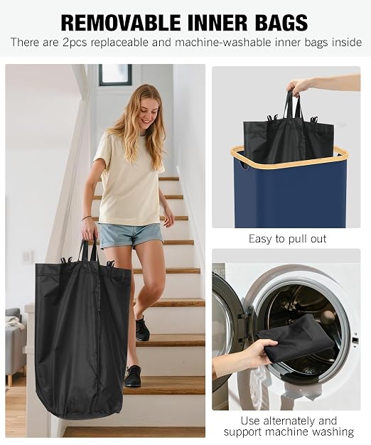 Recycling Bins for Kitchen, 26 Gallon (100L) Recycle Bin with lid, Indoor Oxford Fabric Recycling Trash Can with 2 Pack Removeable and Reusable Inner Bags for Bottle Can Glass Plastic Sticker, Blue - Image 3