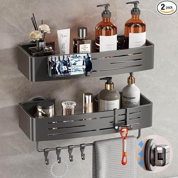 Voldra Shower Caddy Suction Cup, 2 Pack Shower Shelves for Inside Shower No Drilling, Aluminum Suction Showers Organizer with Towel Bar & Hooks Removable Bathroom Shelf Storage Rack(Gray) by VOLDRA