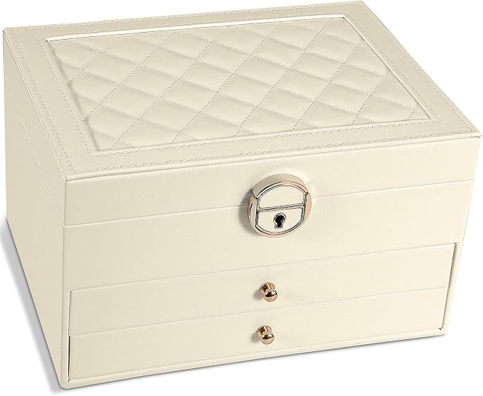 GUOER Jewelry Box for Women Girl Wife 3 Layers Large PU Leather Jewelry Organizer Storage Case with Two drawers Display for Earrings Bracelets Rings Watches (Apricot) by GUOER