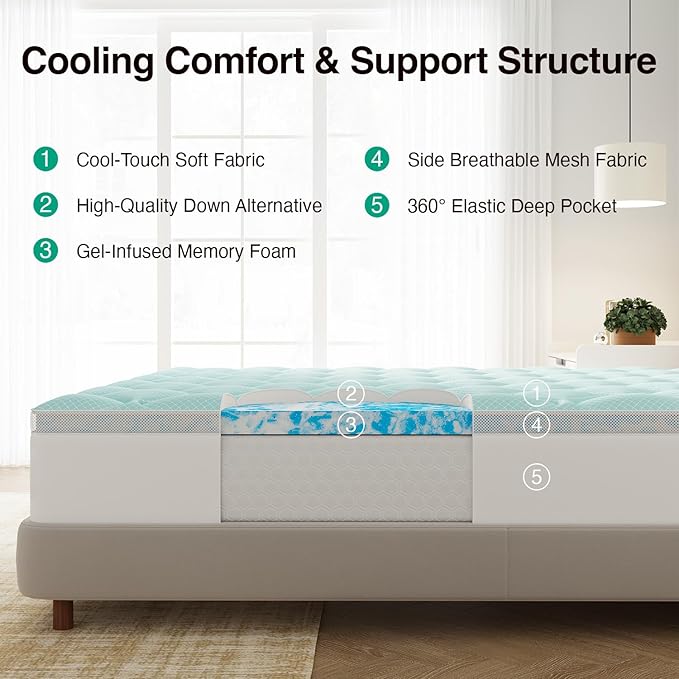 Novilla 4 Inch Dual Layer Memory Foam Mattress Topper, 2 Inch Gel Memory Foam and 2 Inch Cooling Down-Alternative Mattress Pad Cover for Back Pain, Breathable & Certi-Safe, California