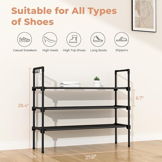 LANTEFUL 3 Tier Shoe Rack for Closet, Shoe Organizer with 5 Hooks, Long Shoe Shelf Storage for Sneaker and Boot Stackable Free Standing Shoe Rack for Entryway, Garage, Small Spaces, Dorm - Image 3