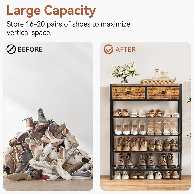 Shoe Rack for Entryway, 5 Tier Shoe Organizer with 2 Non-woven Drawers, Metal Storage Shoe Shelf for 16-20 Pairs of Shoes, with Wooden Top and Steel Frame, Shoe Stand for Closet Rustic Brown - Image 9