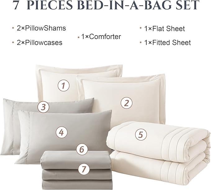 Monbix Full Comforter Set - 7 Pieces White Bed in a Bag Full Size Bedding Sets with Comforters, All Seasons Comforter with Sheets,Pillowcases & Shams