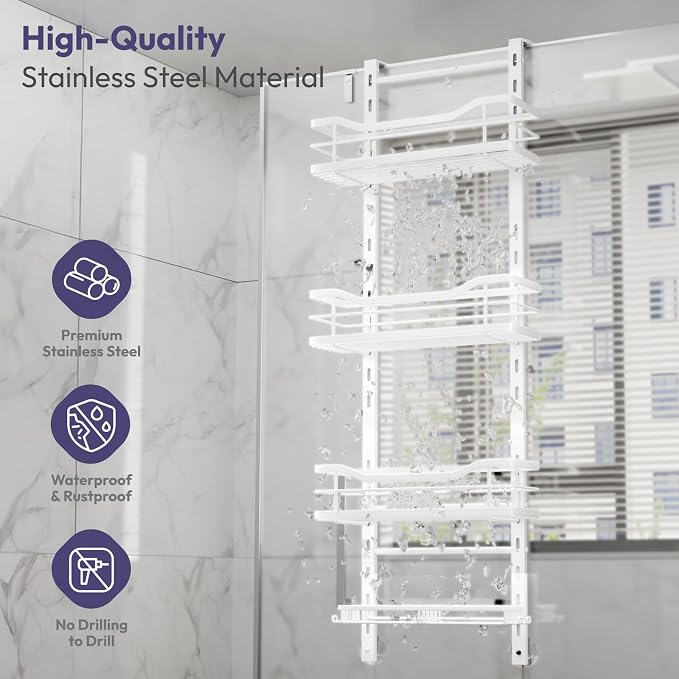 SWTYMIKI Over the Door Shower Caddy - 4 Tier Adjustable Shower Organizer Hanging with Soap Holder, No Drilling Stainless Steel Bathroom Rack Hanging for Body Wash, Shampoo, Soap, Razor, White - Image 6