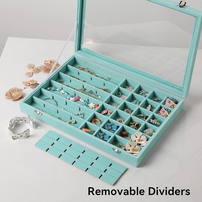 Frebeauty 48 Grid Jewelry Tray,Adjustable Earring Holder Organizer with Glass Lid,Velvet Drawer Jewelry Organizer for Rings,Studs,13.8 x 9.5 x 2 Inches Jewelry Display Box,Gift for Women(Turquoise) - Image 6