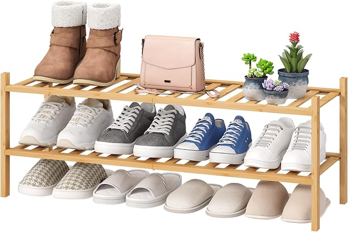 viewcare 2-Tier Long Shoe Rack for Entryway, Black Bamboo Wood Shoe Rack for Closet & Hallway, Long 33IN | Beautiful | Functional | Sturdy | Durable by VIEWCARE