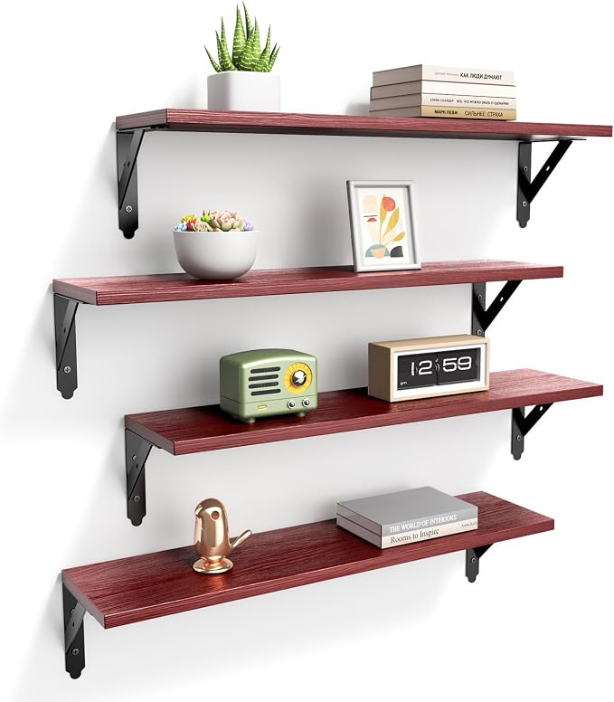 ROMGUAR CRAFT Wood Floating Shelves Set of 4, Rustic Storage Decor Wall Shelves, Wall Mounted Shelf for Living Room, Bedroom 23.6" x 6", Red by ROMGUAR+CRAFT