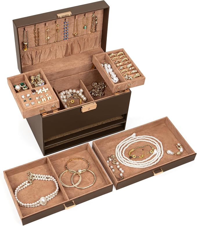 AKOZLIN Travel Jewelry Box Organizer Functional 2-trays Leather Jewelry Storage Case with Lockable Portable 2 Drawers for Women Girls Ring Necklace Earring Bracelet - Image 6