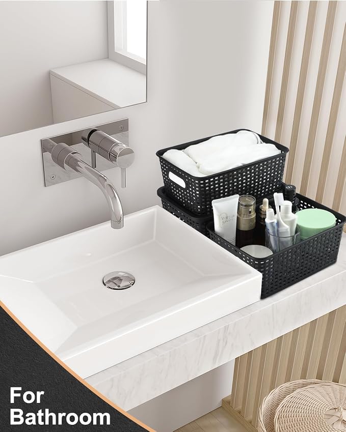Storage Bins Plastic Storage Baskets With Lid Small Baskets for Organizing Stackable Storage Container Organizer Bins for Shelves Drawers Desktop Playroom Classroom Office, 6 Pack,Black - Image 5