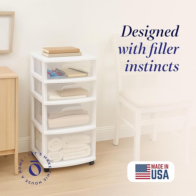 HOMZ Drawer Tower, 4-Tier Clear Plastic Storage Organizer Cart, White Frame – Rolling Containers with Wheels for Bathroom, Bedroom, Office, and Classroom Organization - Image 4