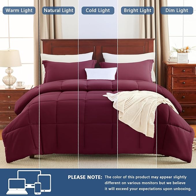 CozyLux King Size Comforter Set - Burgundy Comforter King Size, 3 Pieces Box Stitched Bed Set for All Seasons, Soft Lightweight Bedding Sets with 1 Down Alternative Comforter and 2 Pillow Shams