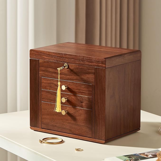 Black Walnut Wooden Jewelry Box, Wood Jewelry Organizer with 2 Side Doors Mirror Lockable Classical for Watch Necklace Ring Earring Mothers Day Gifts for Mo-4 Layer with Curved Ring Grooves - Image 2