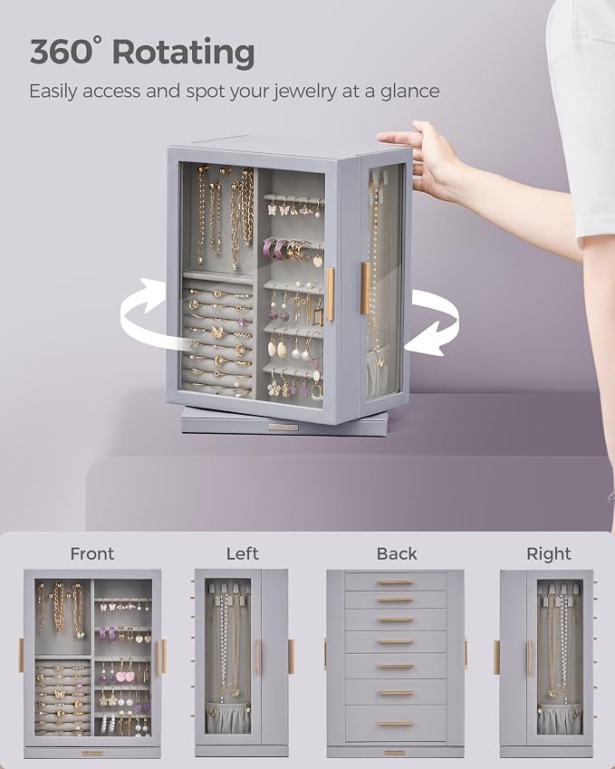 Glimmloop 360° Rotating Jewelry Box with 7 Drawers, Spacious Vertical Jewelry Organizer with Glass Window, Jewelry Storage Case, Dustproof & Moisture-resistant Design, Grey - Image 4