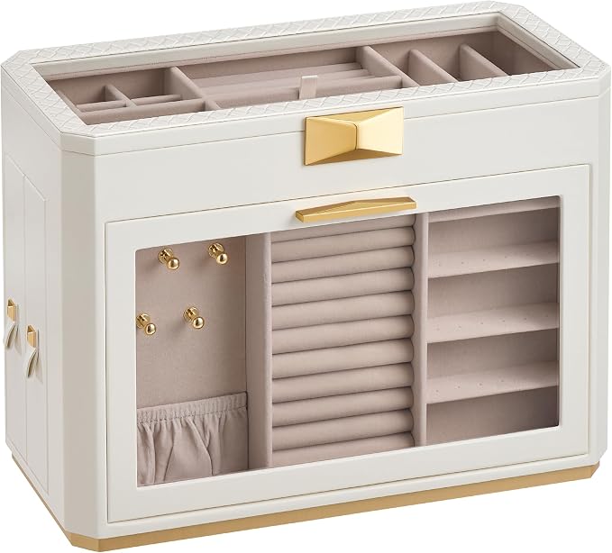 SONGMICS HOME Large Jewelry Box, Vertical Jewelry Organizer with Glass Windows, Jewelry Pouch, 4 Side Drawers, Woven Embossed PU Leather, Gift Idea, Cloud White UJBC203W01 - Image 7