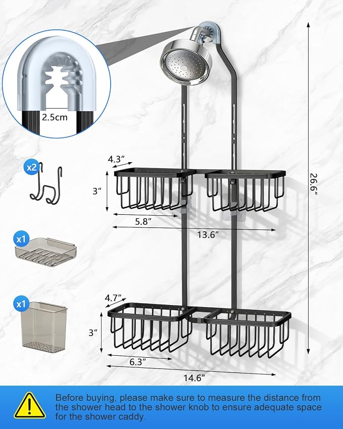 Adjustable Shower Caddy Hanging for Handheld Showerheads - Never Rust Shower Hanging Organizer, Upgraded Bathroom Shower Rack with Soap Basket, Hooks and Toothbrush Holder (Black) - Image 2