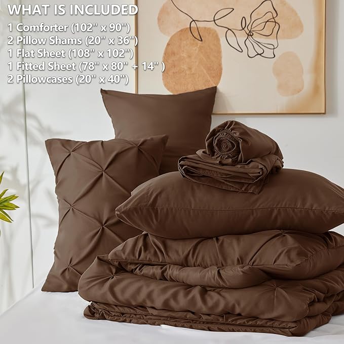 CozyLux King Size Comforter Set Brown, 7 Pieces Pintuck Bed in A Bag Brown Comforter King Size, Pinch Pleat Bedding Set with All Season Comforter, Sheets, Pillowcases & Shams